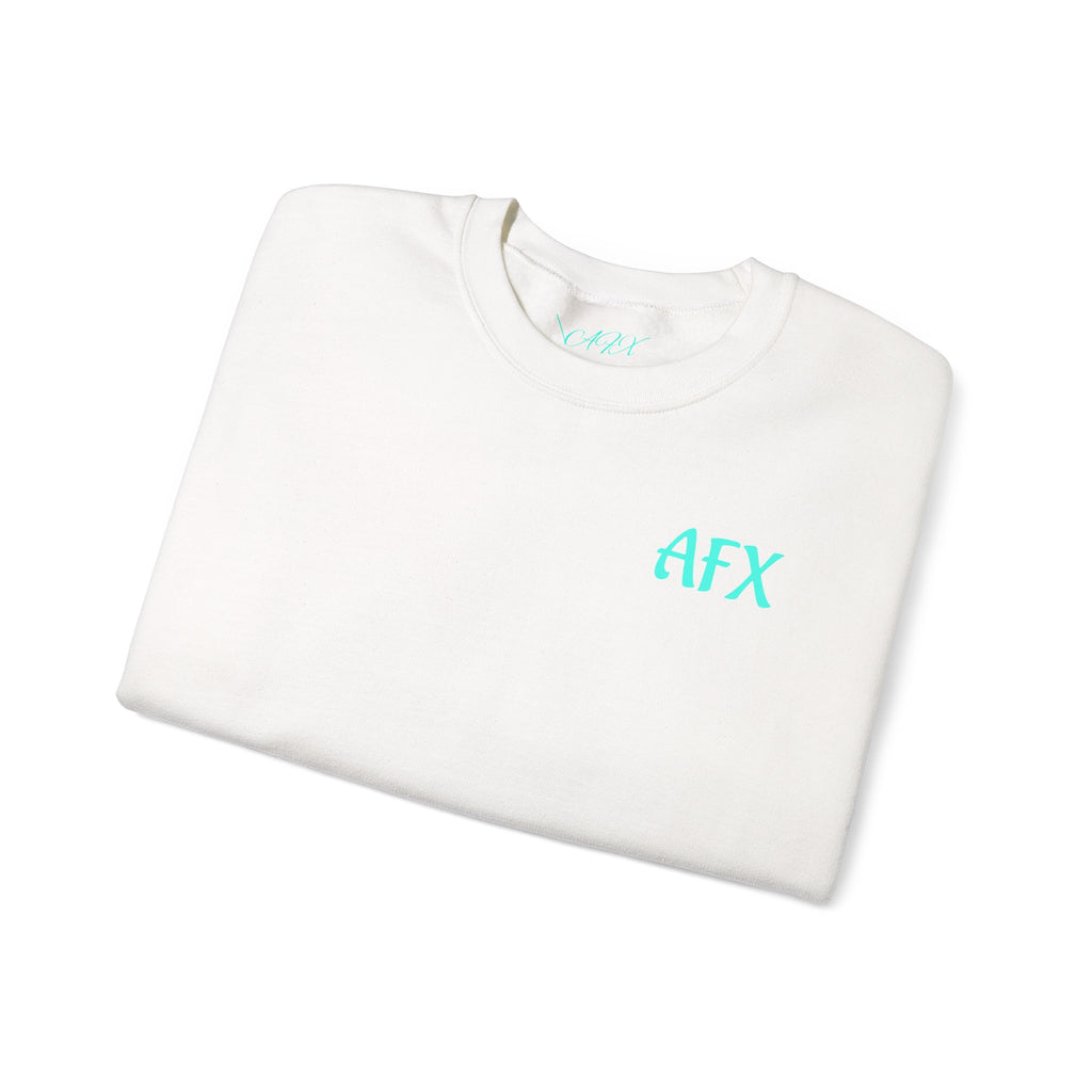 AFX Logo Crewneck Sweatshirt — Minimal White Pullover with Blue Chest & Back Logo