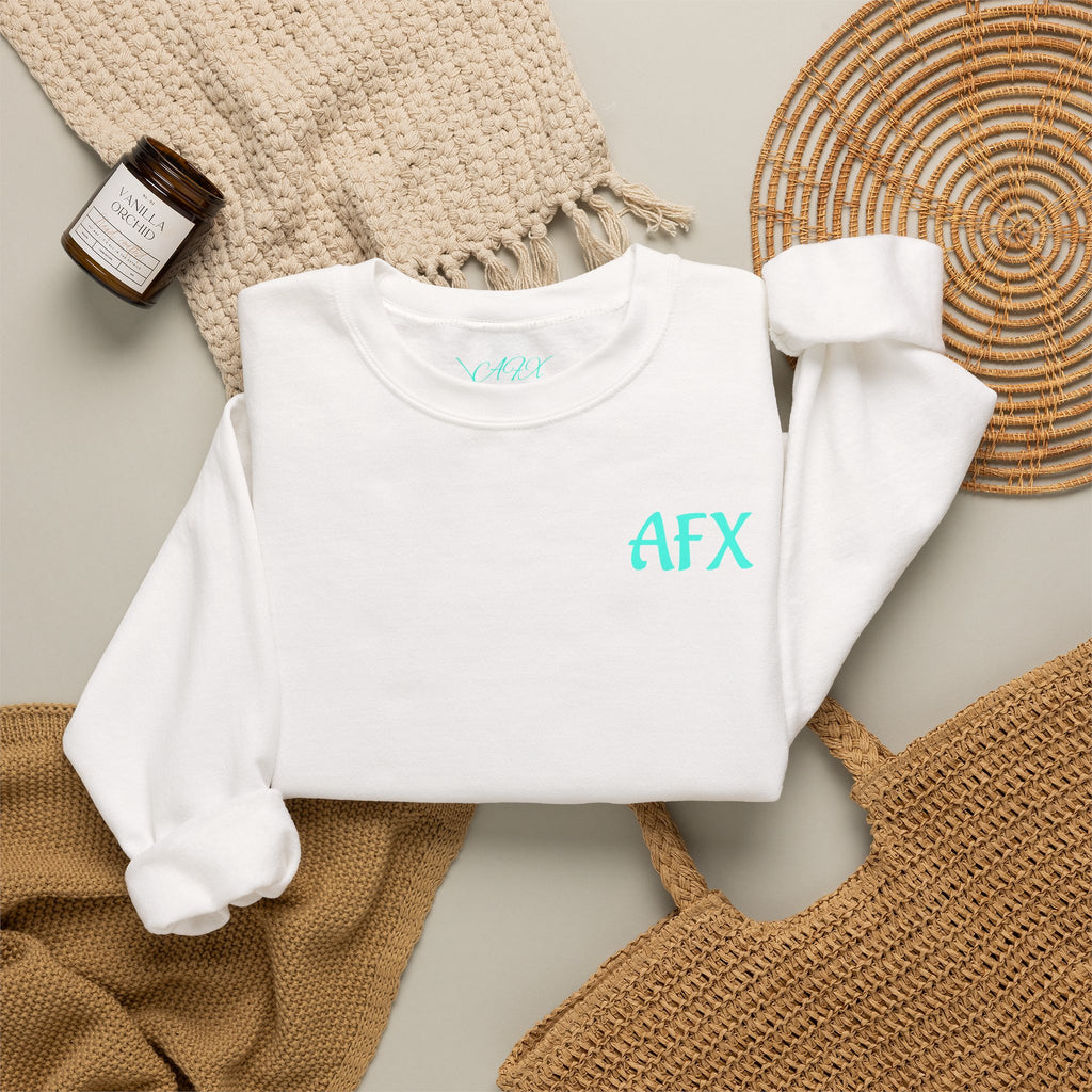 AFX Logo Crewneck Sweatshirt — Minimal White Pullover with Blue Chest & Back Logo