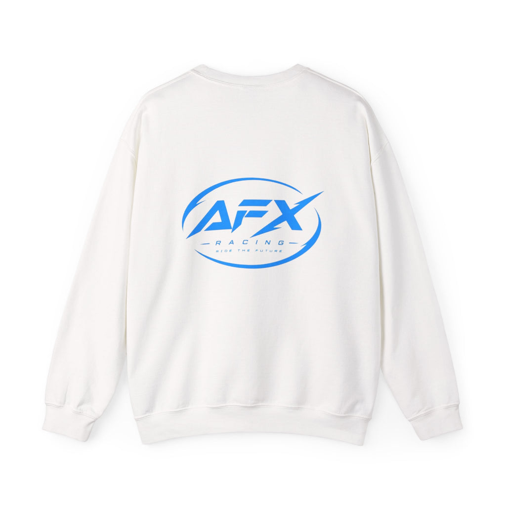 AFX Logo Crewneck Sweatshirt — Minimal White Pullover with Blue Chest & Back Logo