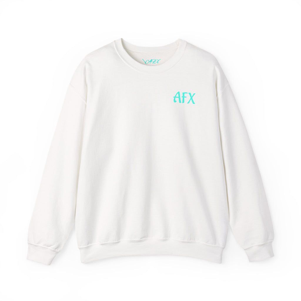 AFX Logo Crewneck Sweatshirt — Minimal White Pullover with Blue Chest & Back Logo